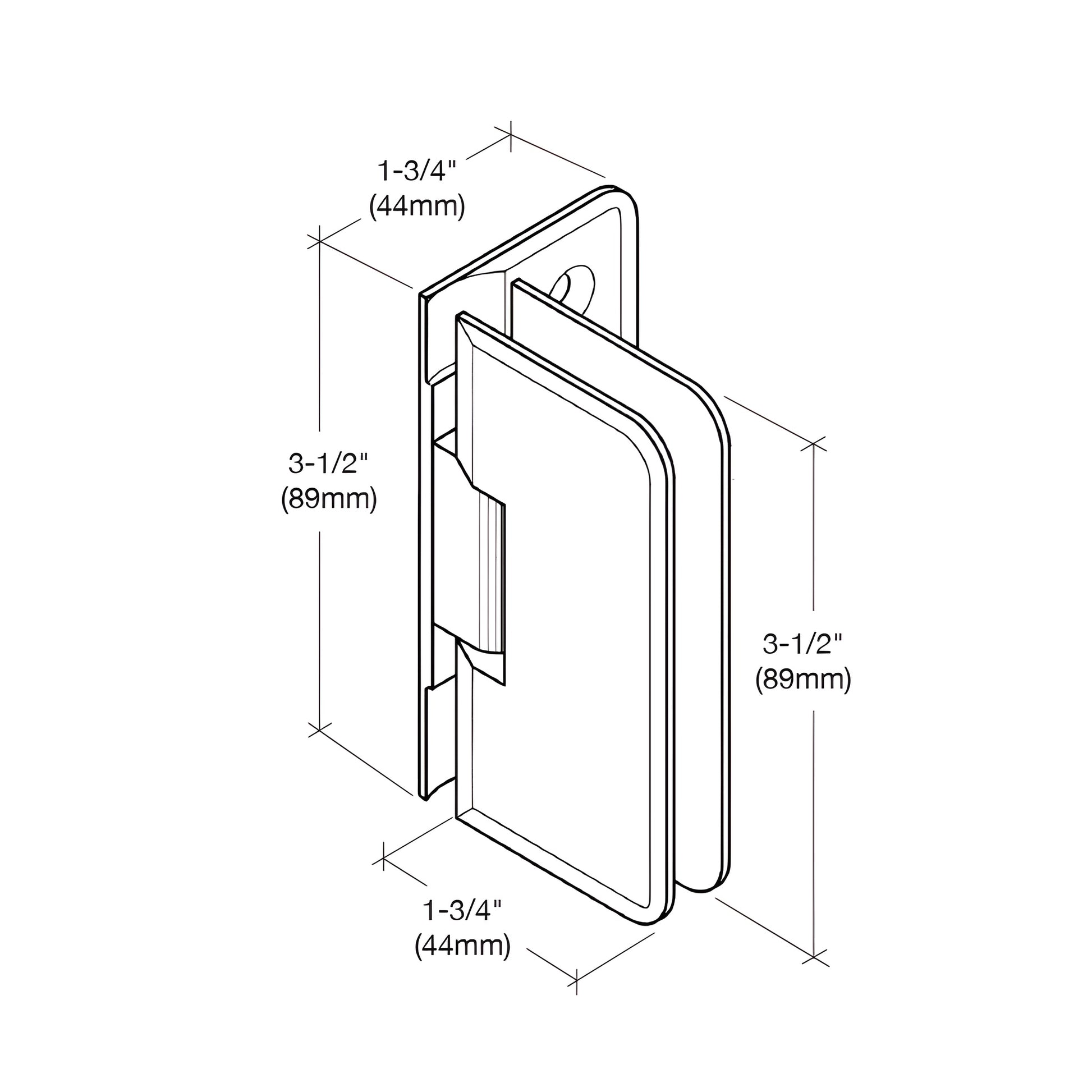 PET044CH polished chrome brass wall-mount shower hinge for 6-8mm frameless glass, offset back plate, low-profile