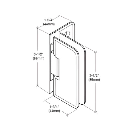 PET044CH polished chrome brass wall-mount shower hinge for 6-8mm frameless glass, offset back plate, low-profile