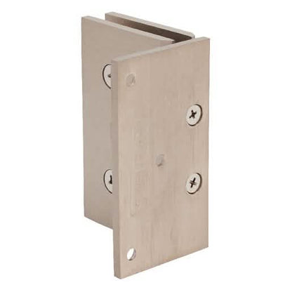 Close-up of CRL brushed nickel Vienna 044 wall mount hinge, offset back plate, 5-degree an