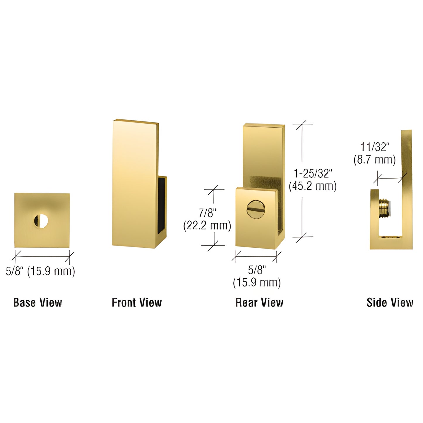 EH44 polished brass J-style set-screw glass clamp for 1/4-5/16" (6-8mm) glass, low-profile mounting (solid brass)