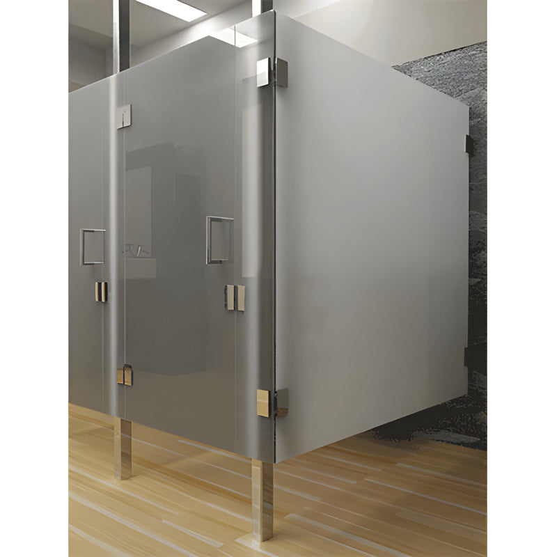 Frameless restroom partition with frosted 1/2" tempered glass and polished stainless steel posts and hardware, SKU RPS12PS