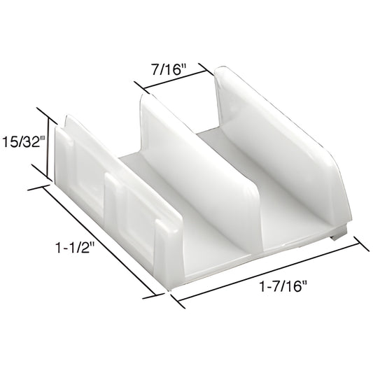 White nylon sliding door bottom guide SKU M6059 for 7/16" rails, low-friction tub/shower guide, 1-7/16" 1-1/2" 15/32"