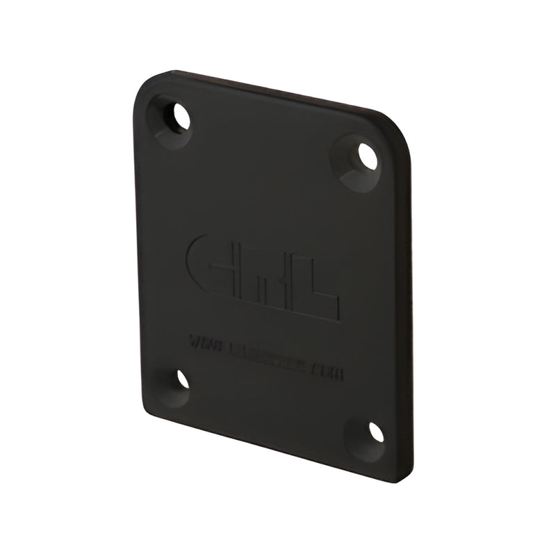 Matte black aluminum fascia mount bracket end cap (SKU FB1ECBL) with four countersunk screw holes.