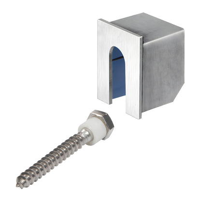 GRLC10SECBS brushed 304 stainless stabilizing end cap for 11 gauge cap railing, shown with 1/4" lag screw and nylon spacer