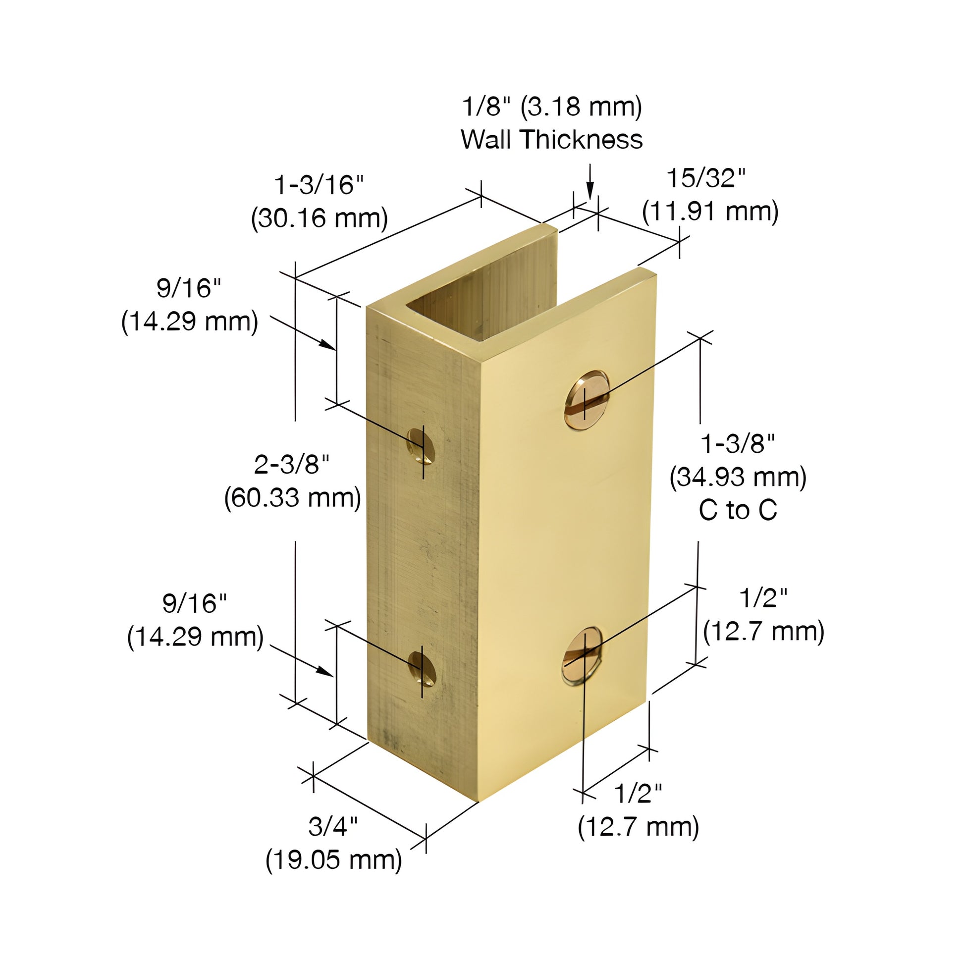 Polished brass no-drill fixed panel clamp (SKU NDC4BR) with clear gasket and two mounting screws.