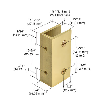 Polished brass no-drill fixed panel clamp (SKU NDC4BR) with clear gasket and two mounting screws.