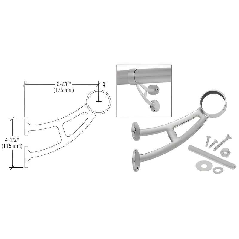 Brushed stainless steel combination foot railing bracket with floor support leg, fits 1-1/2 to 2" tubing, includes screws.