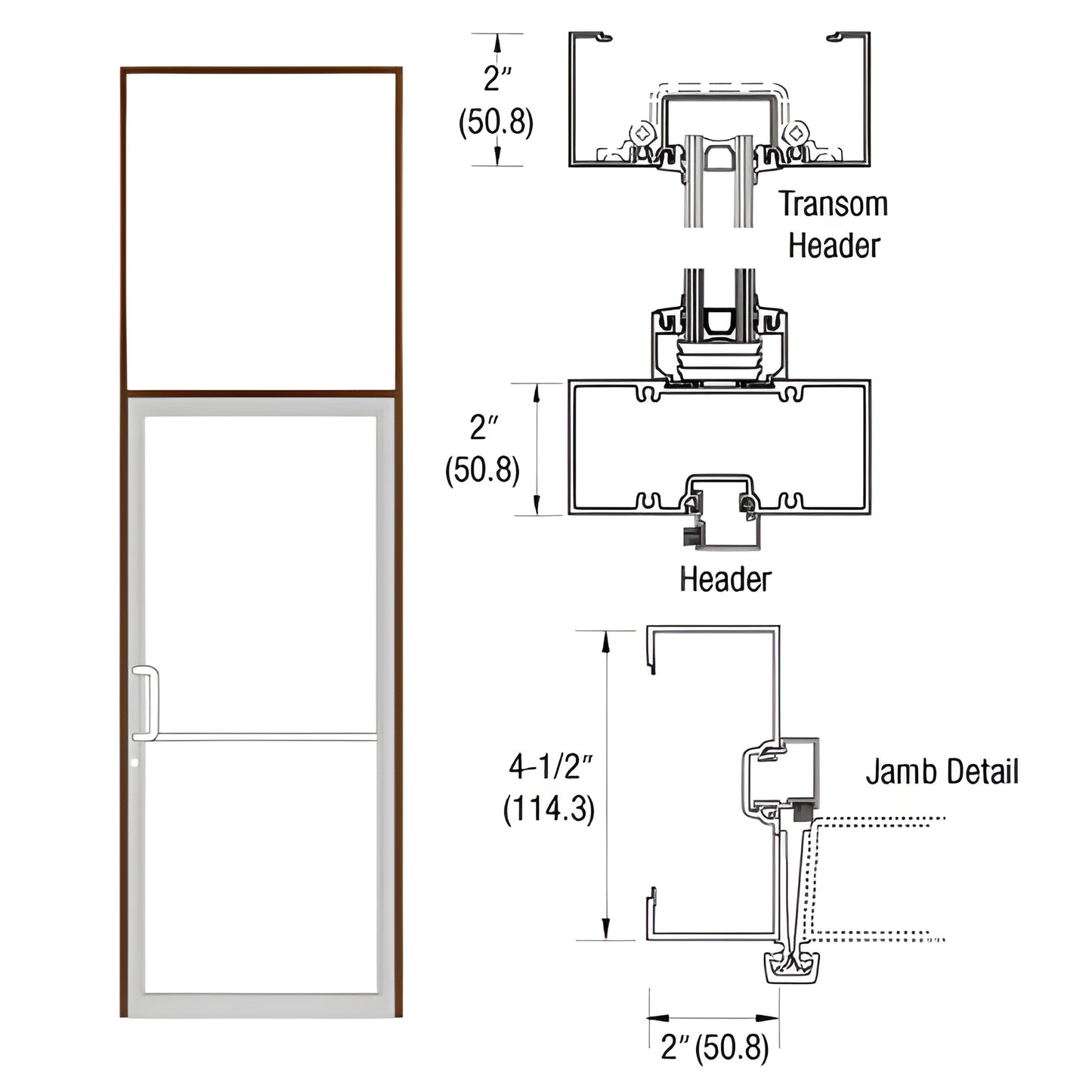 SKU 0B91822 black bronze anodized aluminum transom frame with 2" header and 4-1/2" jamb cross-sections.