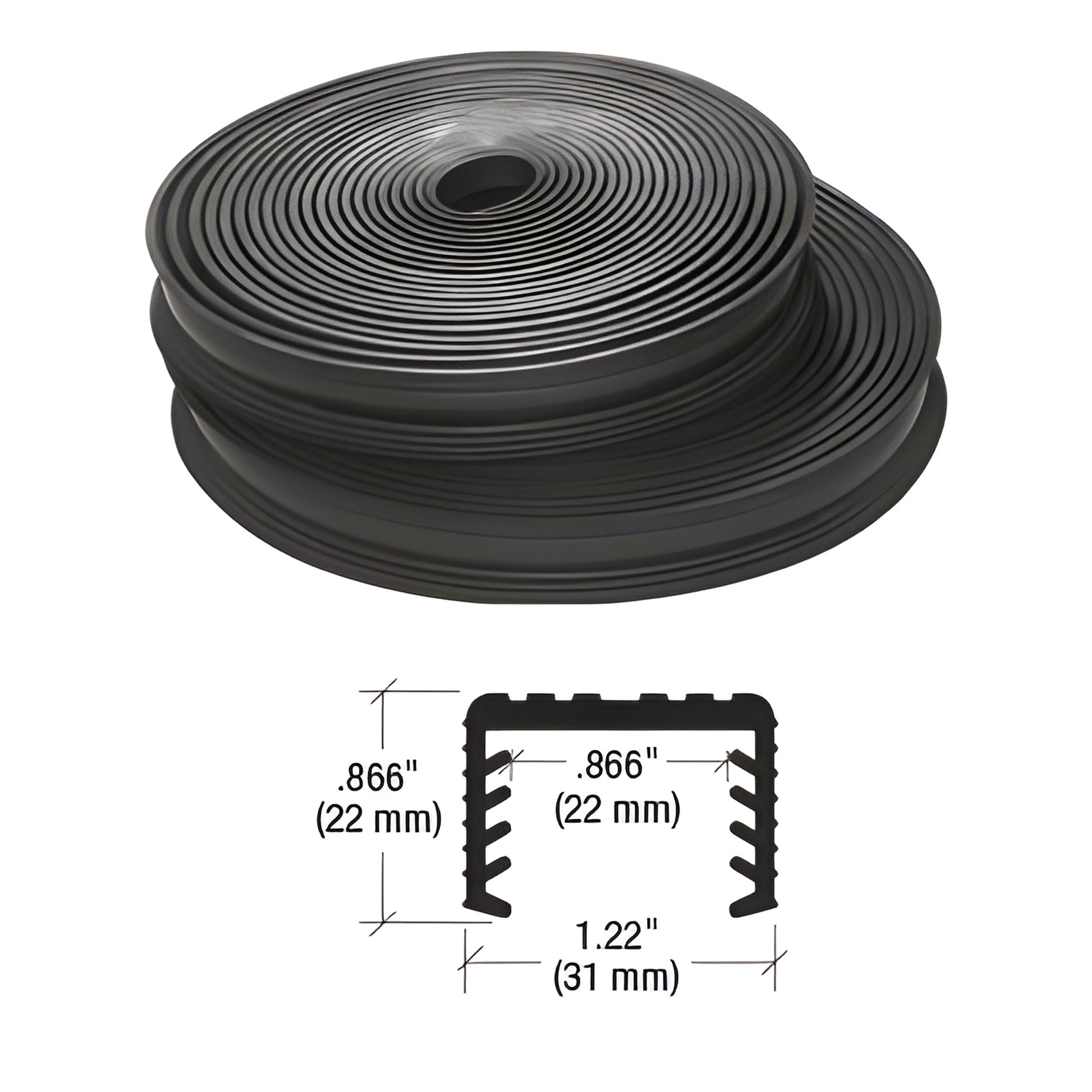 LR22PV black rubber cap-rail insert coil for laminated glass railings, cross-section shows 22mm x 31mm dimensions