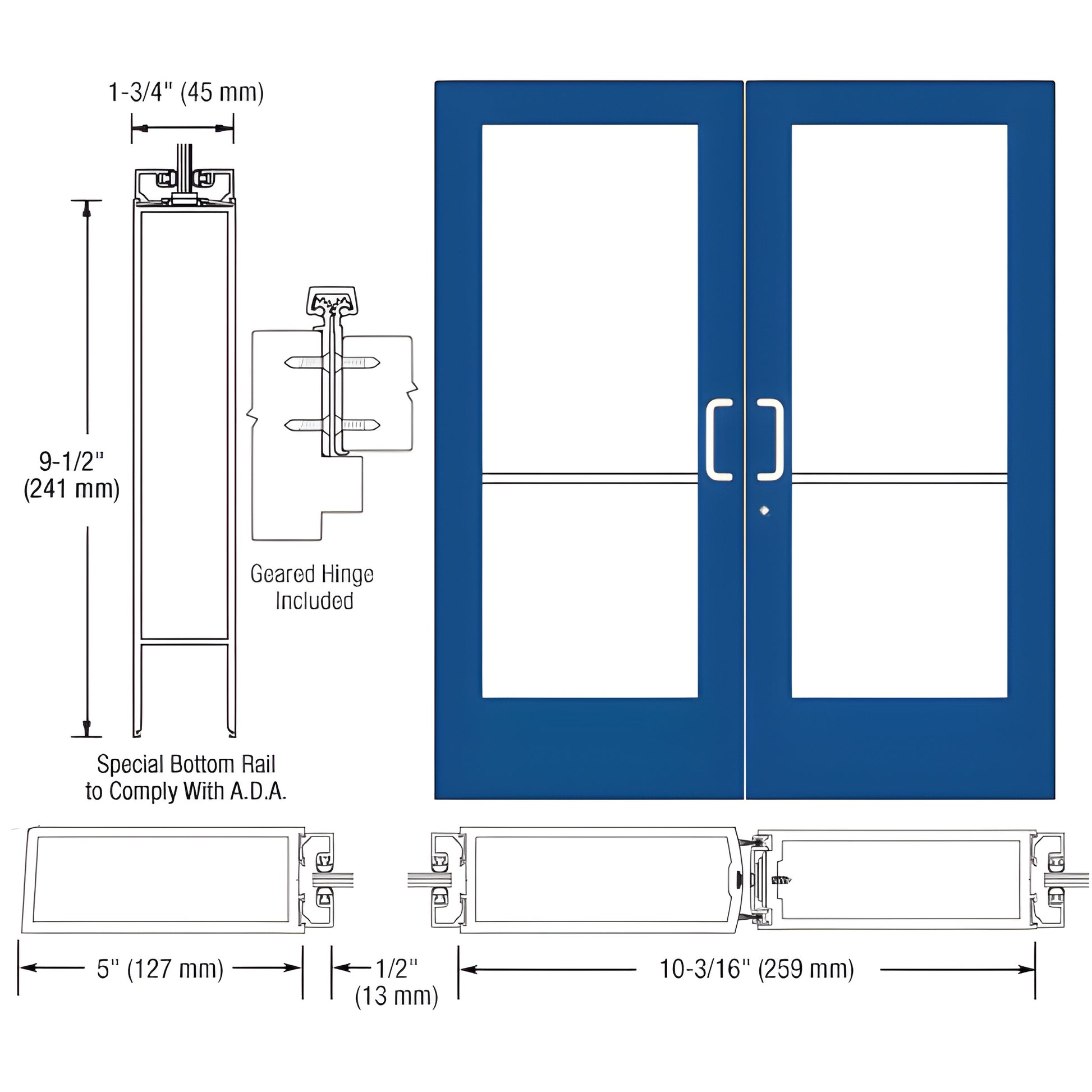 CRL CD52871 custom wide-stile double entrance door, blue frame with large glass panels, ADA 9-1/2" bottom rail.
