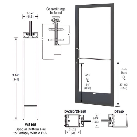 250 narrow-stile aluminum door 36x84, Black Bronze Anodized, 9-1/2" ADA bottom rail, 1" glazing prep, push bar included