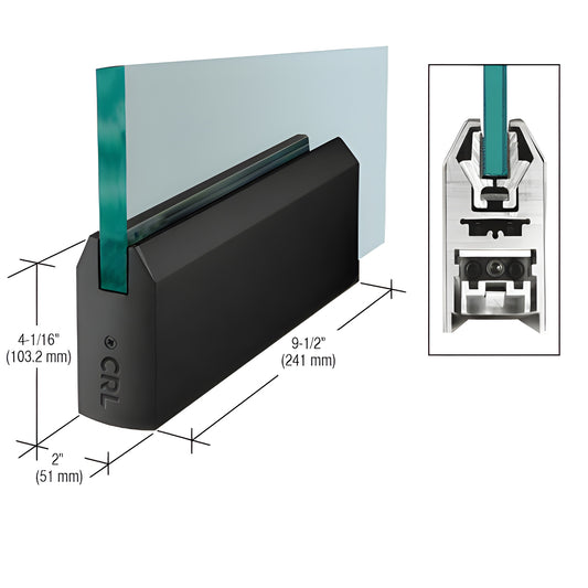 Matte black tapered aluminum door rail patch, 9-1/2" long for 1/2" glass, Wedge-Lock glass securing system.