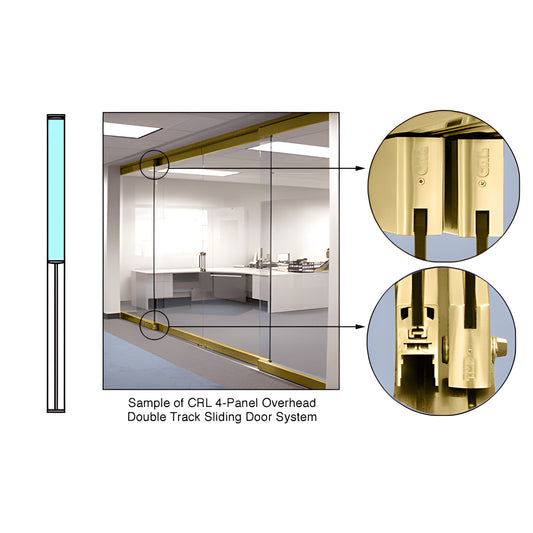 CRL 0TS1PB polished brass overhead track sliding door hardware, single-panel flush-bottom glass track and carriage detail