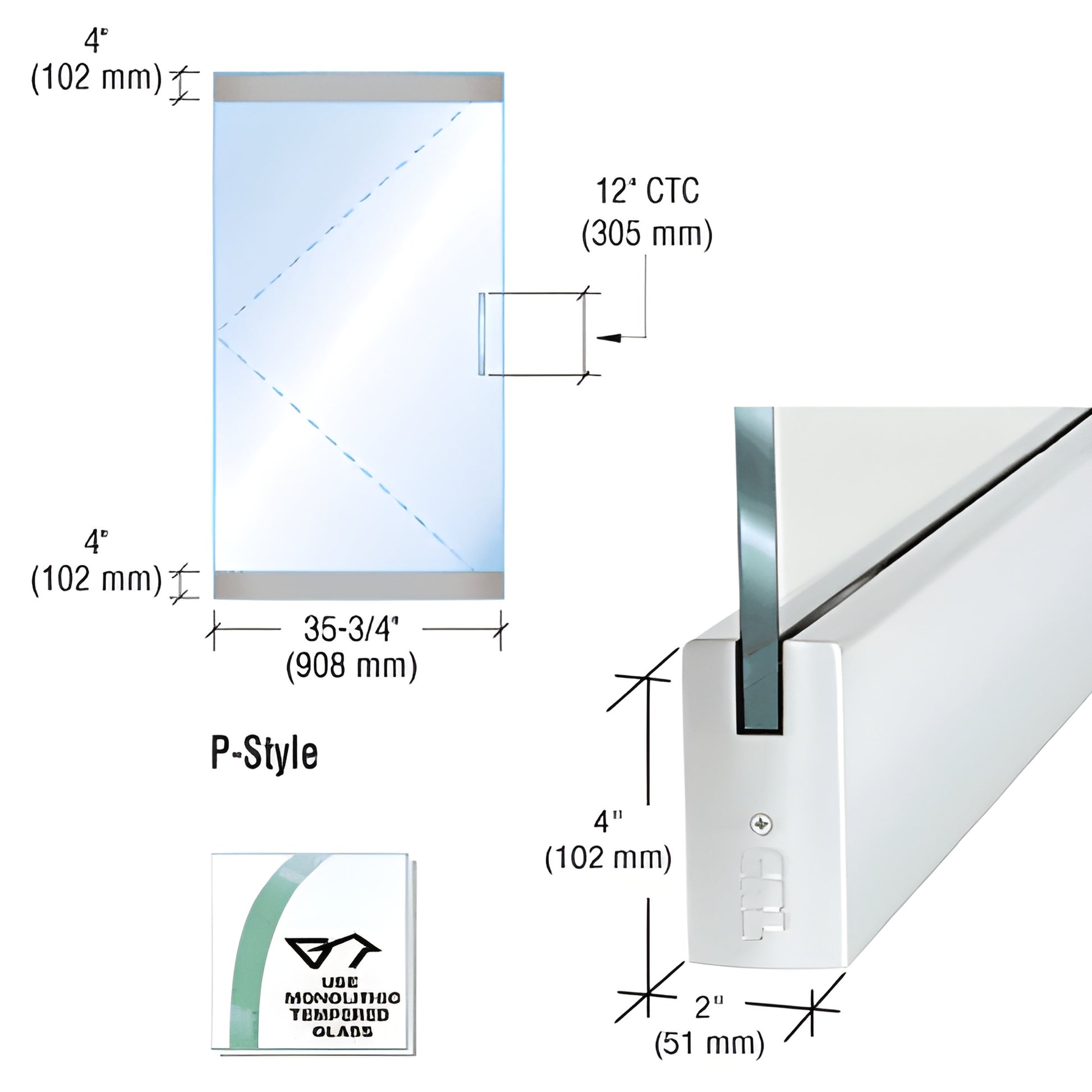 P4SA12S frameless P-style dry-glaze glass door kit, satin anodized aluminum rails for 1/2 in (12 mm) tempered glass, 35-3/4 i