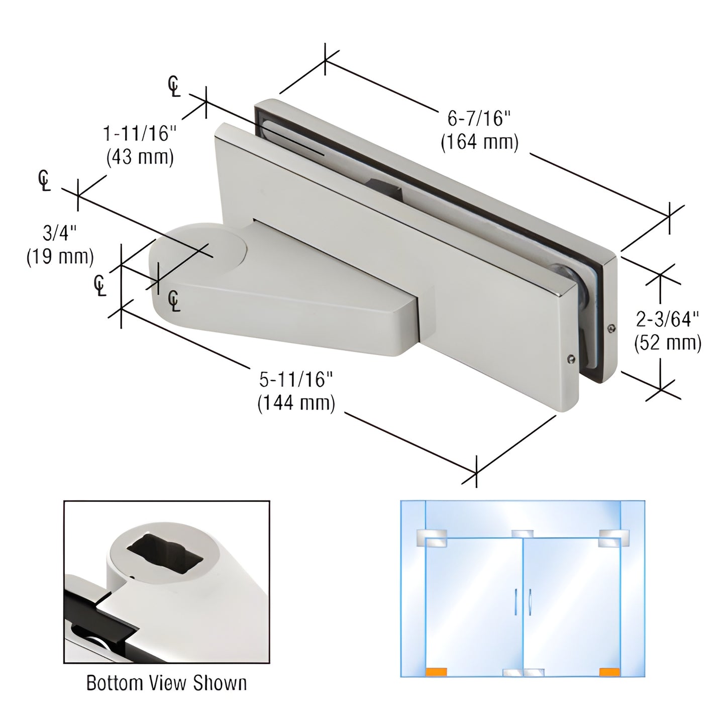 Brushed stainless steel bottom offset patch fitting for frameless glass doors, fits 3/8-1/2" glass, SKU 0PF10RBS.