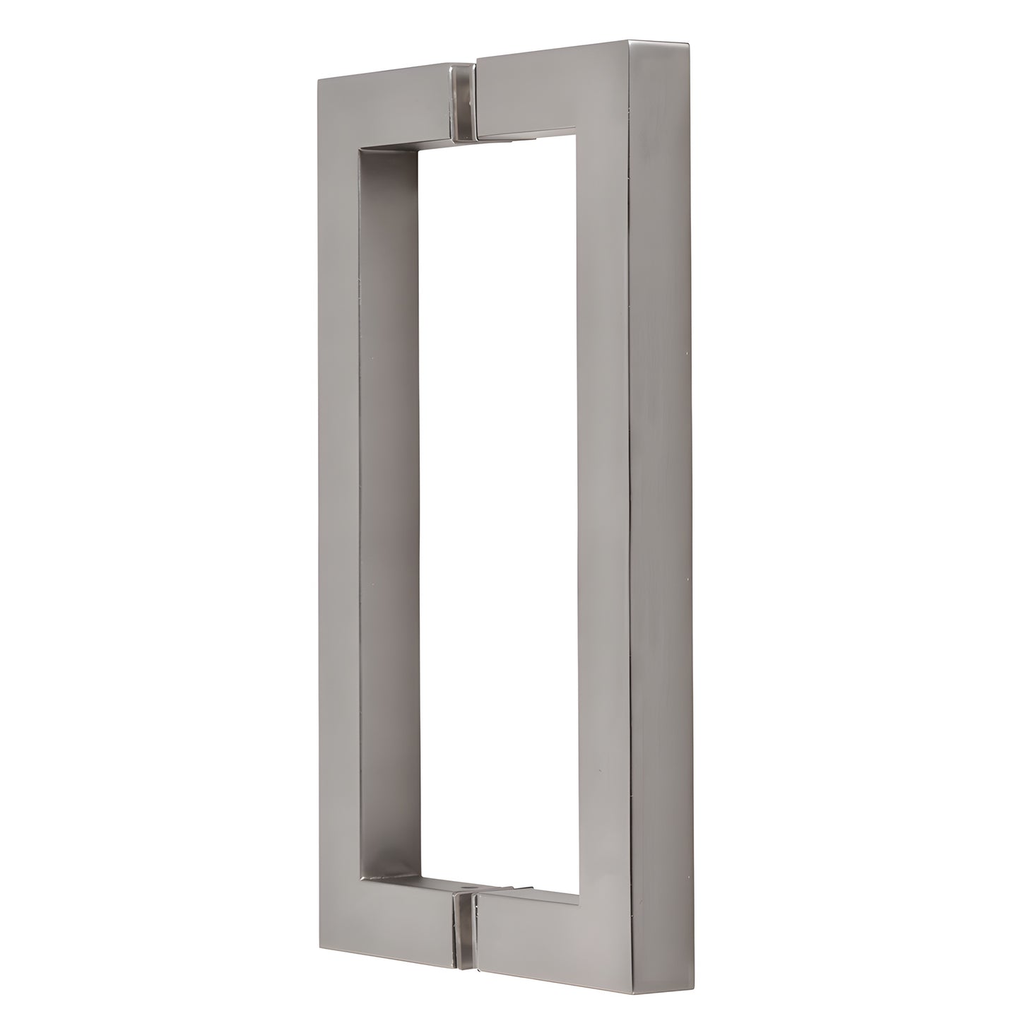 Satin nickel square-corner glass pull handle, 8in center-to-center tubular brass (SKU SQ8X8SN)