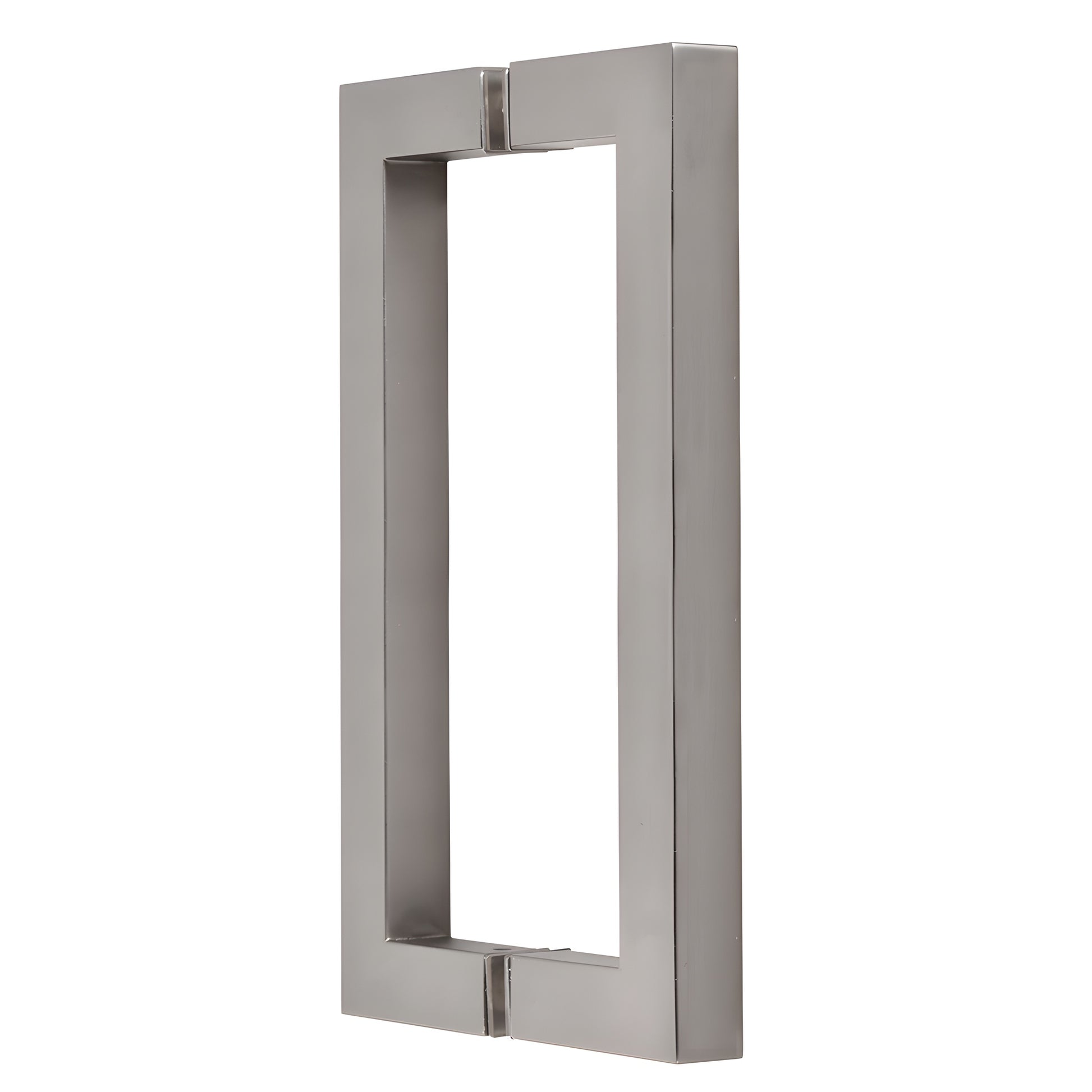 Satin nickel square-corner glass pull handle, 8in center-to-center tubular brass (SKU SQ8X8SN)