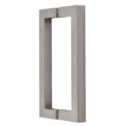 Satin nickel square-corner glass pull handle, 8in center-to-center tubular brass (SKU SQ8X8SN)