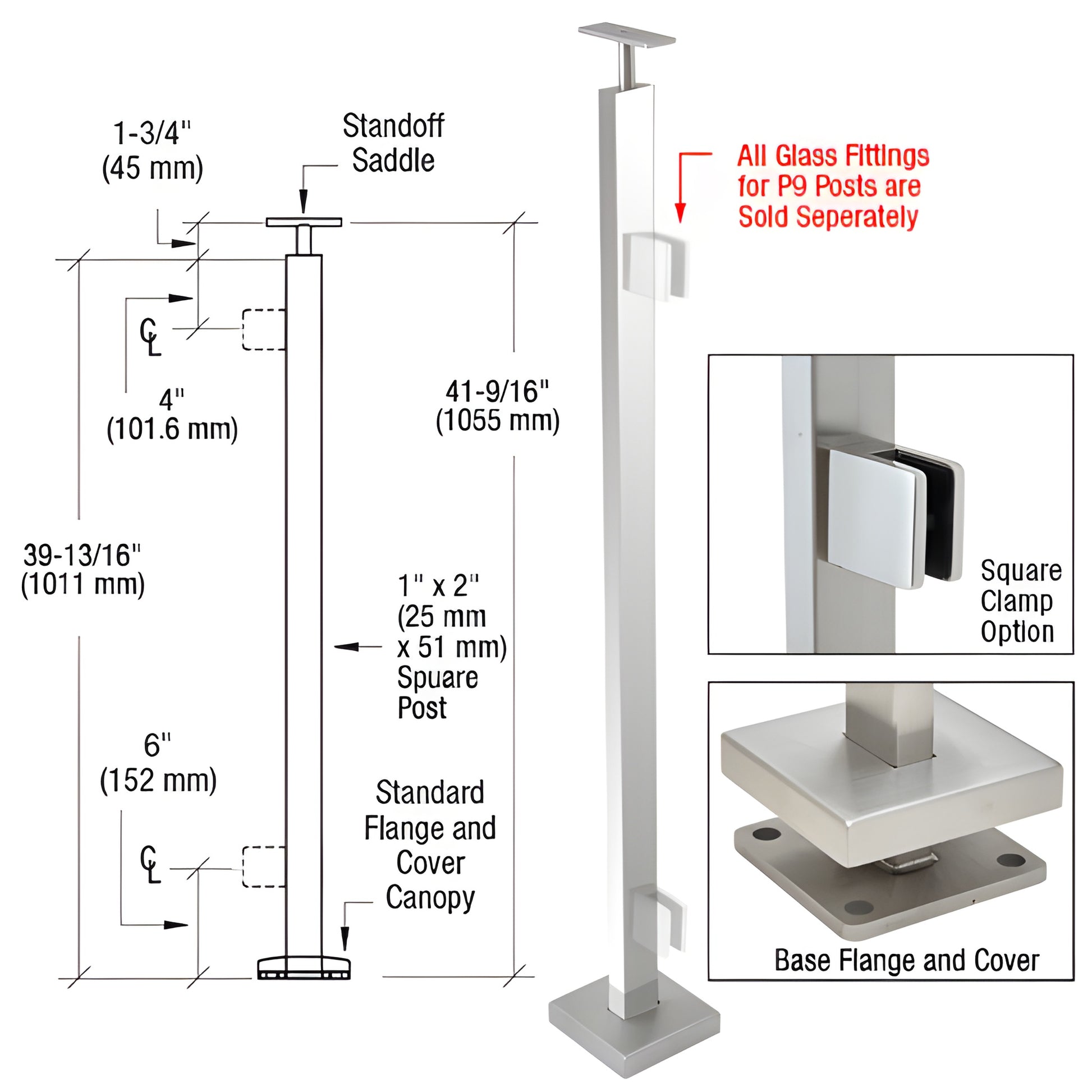 CRL P942EPS stainless steel surface-mounted square post railing kit with base flange, welded saddle and glass clamp option