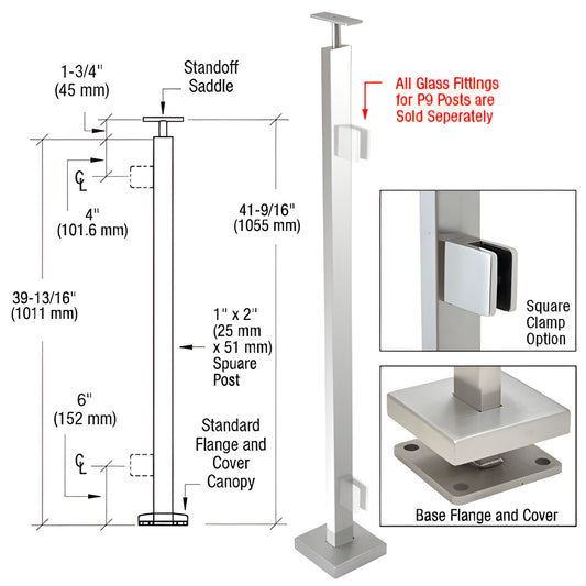 CRL P942EPS stainless steel surface-mounted square post railing kit with base flange, welded saddle and glass clamp option