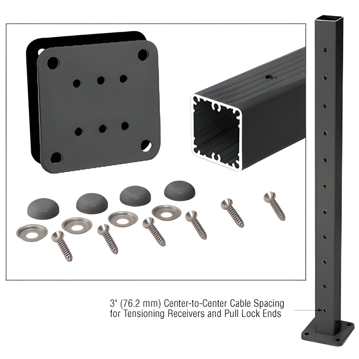 Matte black 42 in aluminum square cable end post kit (P42TKBL) with base plate, gasket, washers, screws and bolt covers