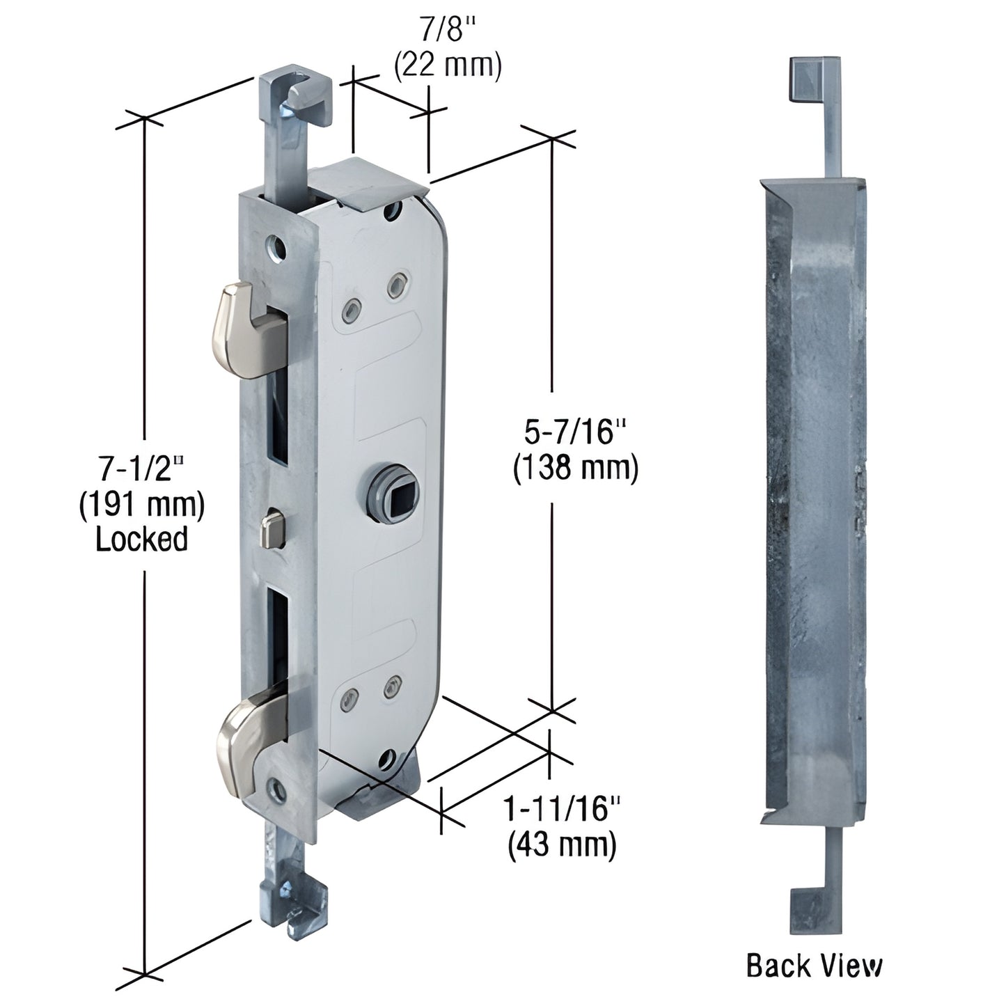 E2192 multi-point patio door mortise lock with two locking hooks, silver finish, 7-1/2" length.