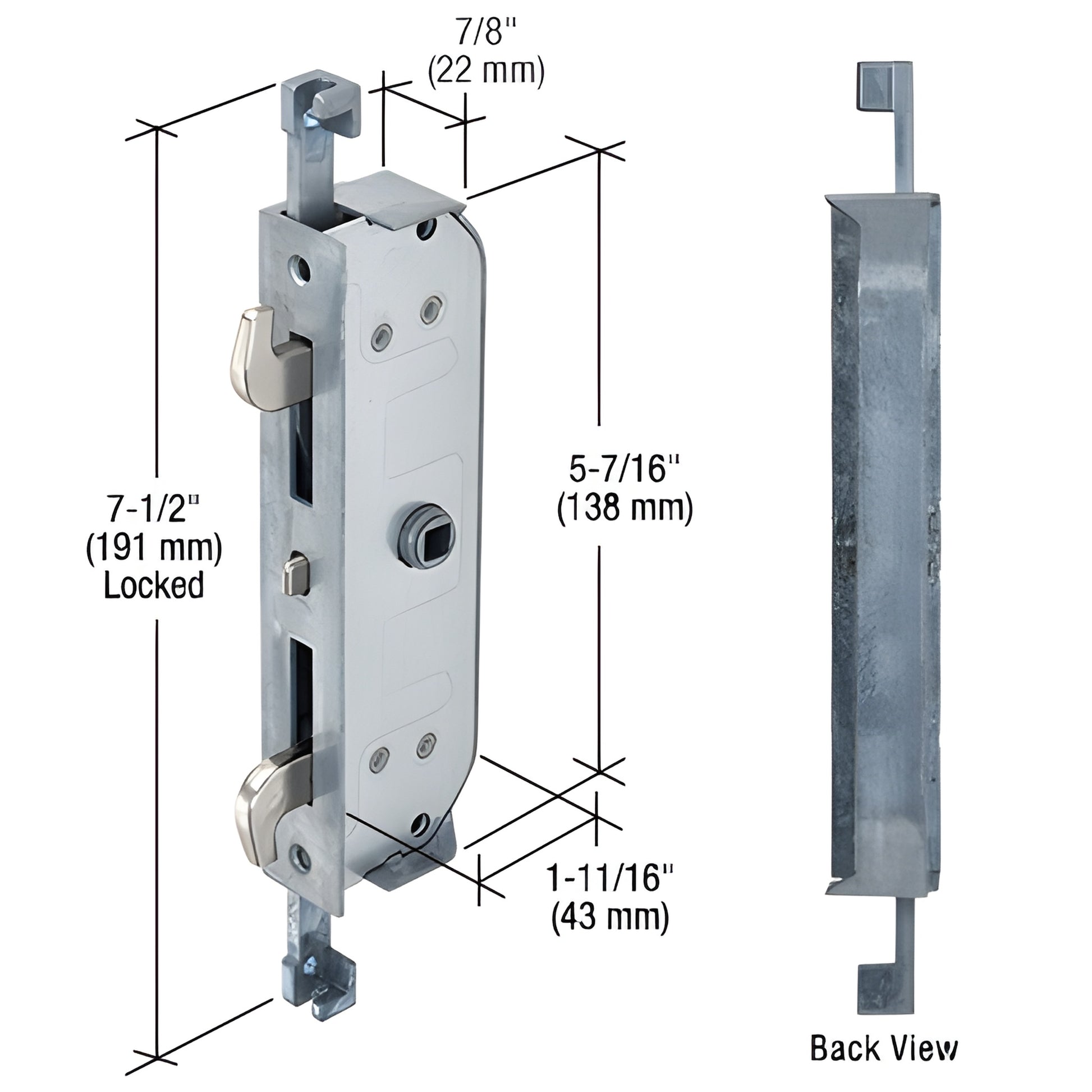 E2192 multi-point patio door mortise lock with two locking hooks, silver finish, 7-1/2" length.