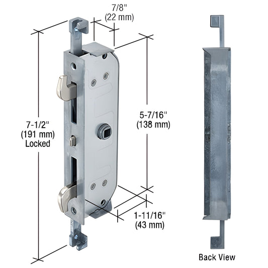 E2192 multi-point patio door mortise lock with two locking hooks, silver finish, 7-1/2" length.