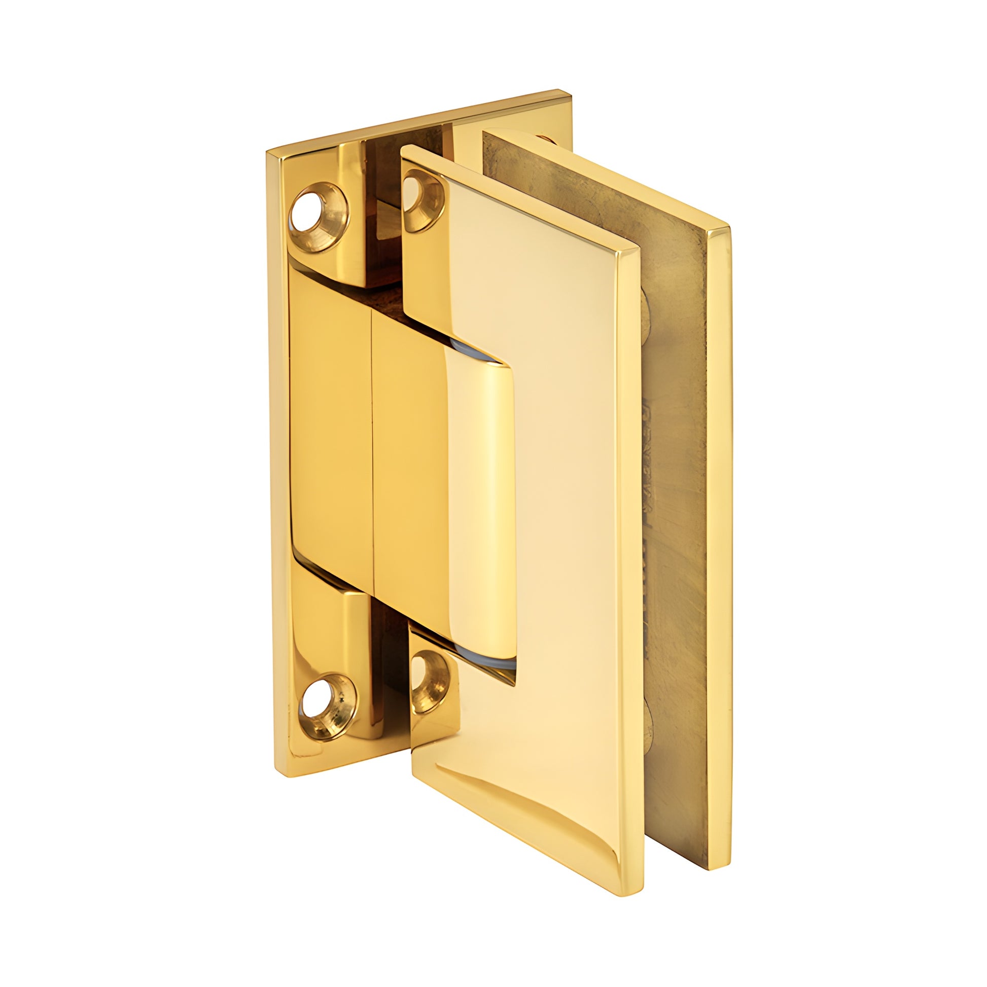 Unlacquered brass Vienna adjustable shower door hinge (SKU V1E337ULBR) for 3/8-1/2" glass, wall mount, squared design.