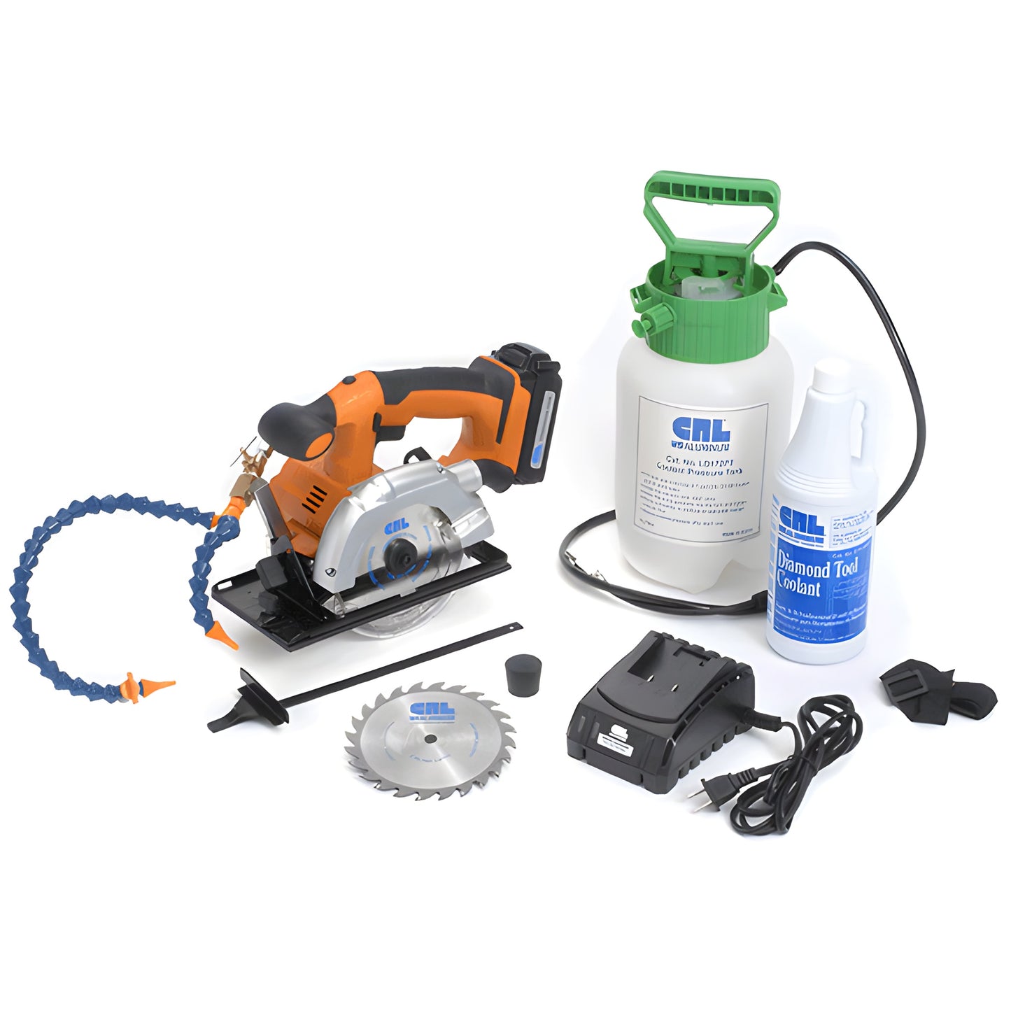 LD176 18V cordless glass saw kit - orange cordless saw, diamond and wood blades, battery charger, coolant tank and bottle.