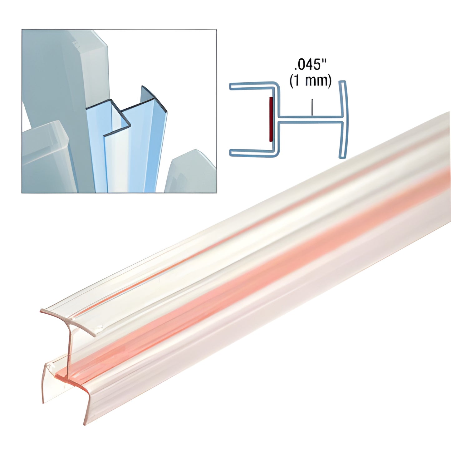 Clear copolymer T-joint strip CL0N310 for 3/8" glass partitions, slim wrap-around profile, 120" length