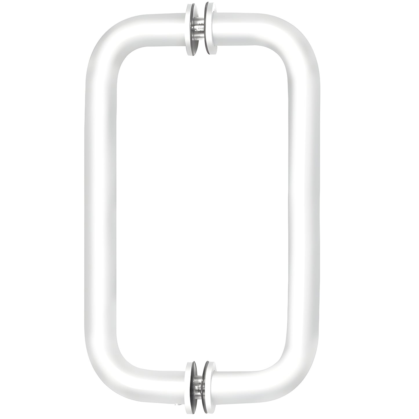 BM8X8W back-to-back tubular pull, gloss white brass, 3/4" dia, 8" C-C, decorative washers for glass doors