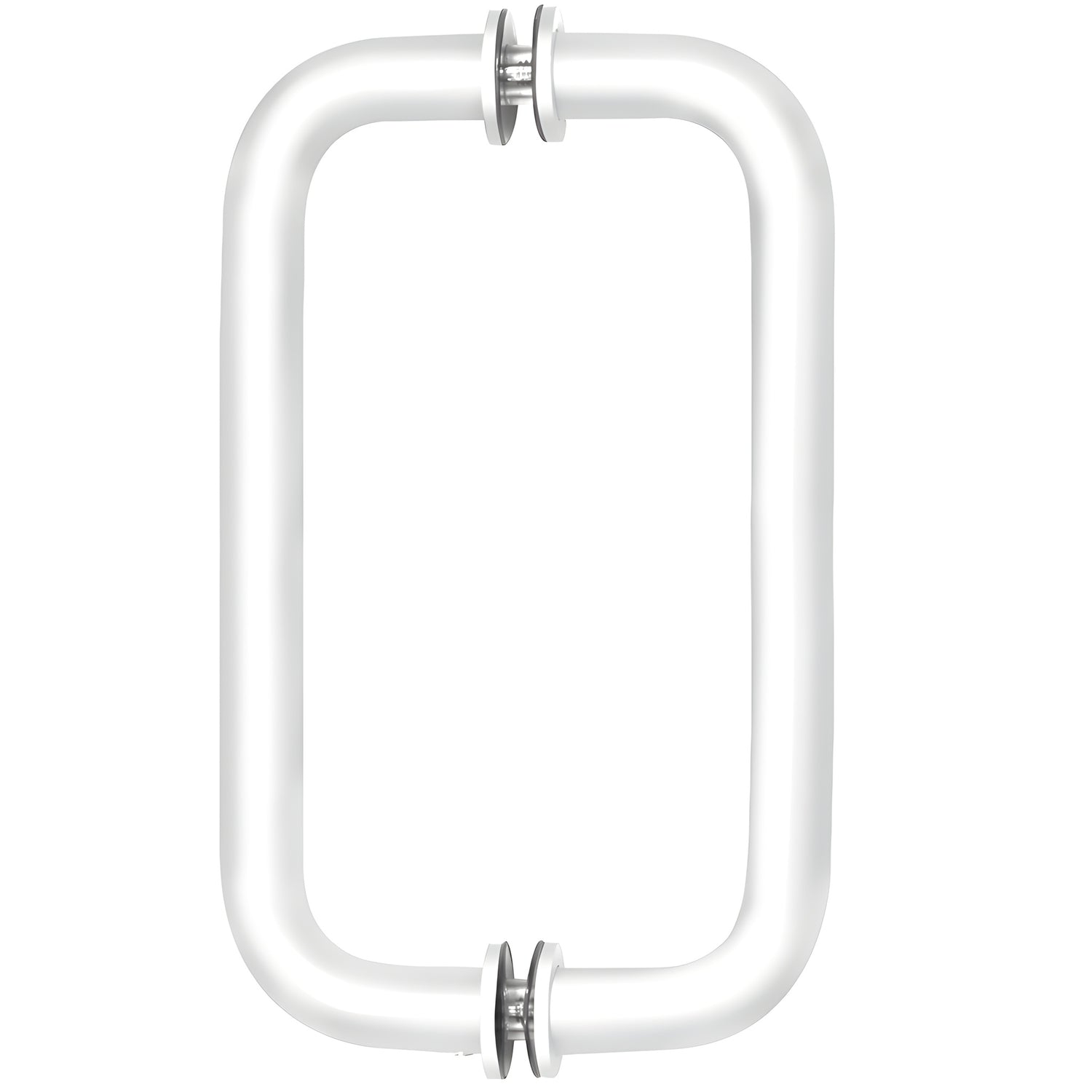 BM8X8W back-to-back tubular pull, gloss white brass, 3/4" dia, 8" C-C, decorative washers for glass doors