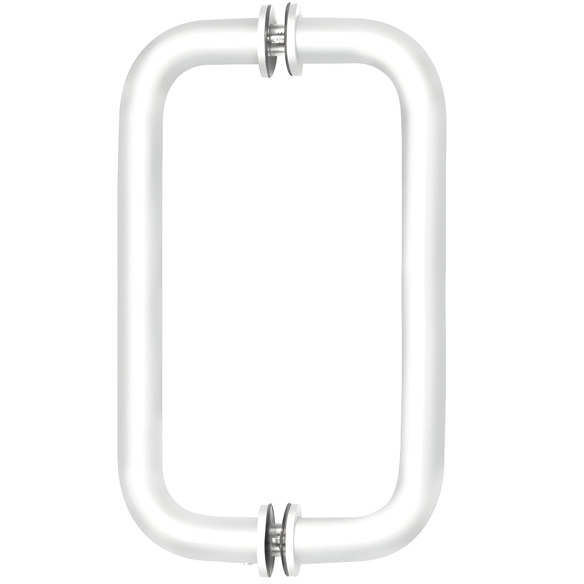 BM8X8W back-to-back tubular pull, gloss white brass, 3/4" dia, 8" C-C, decorative washers for glass doors