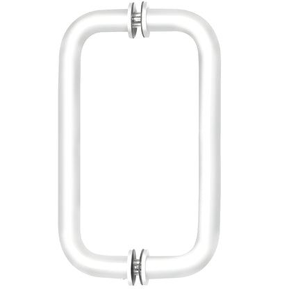 BM8X8W back-to-back tubular pull, gloss white brass, 3/4" dia, 8" C-C, decorative washers for glass doors