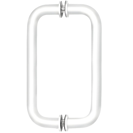 BM8X8W back-to-back tubular pull, gloss white brass, 3/4" dia, 8" C-C, decorative washers for glass doors