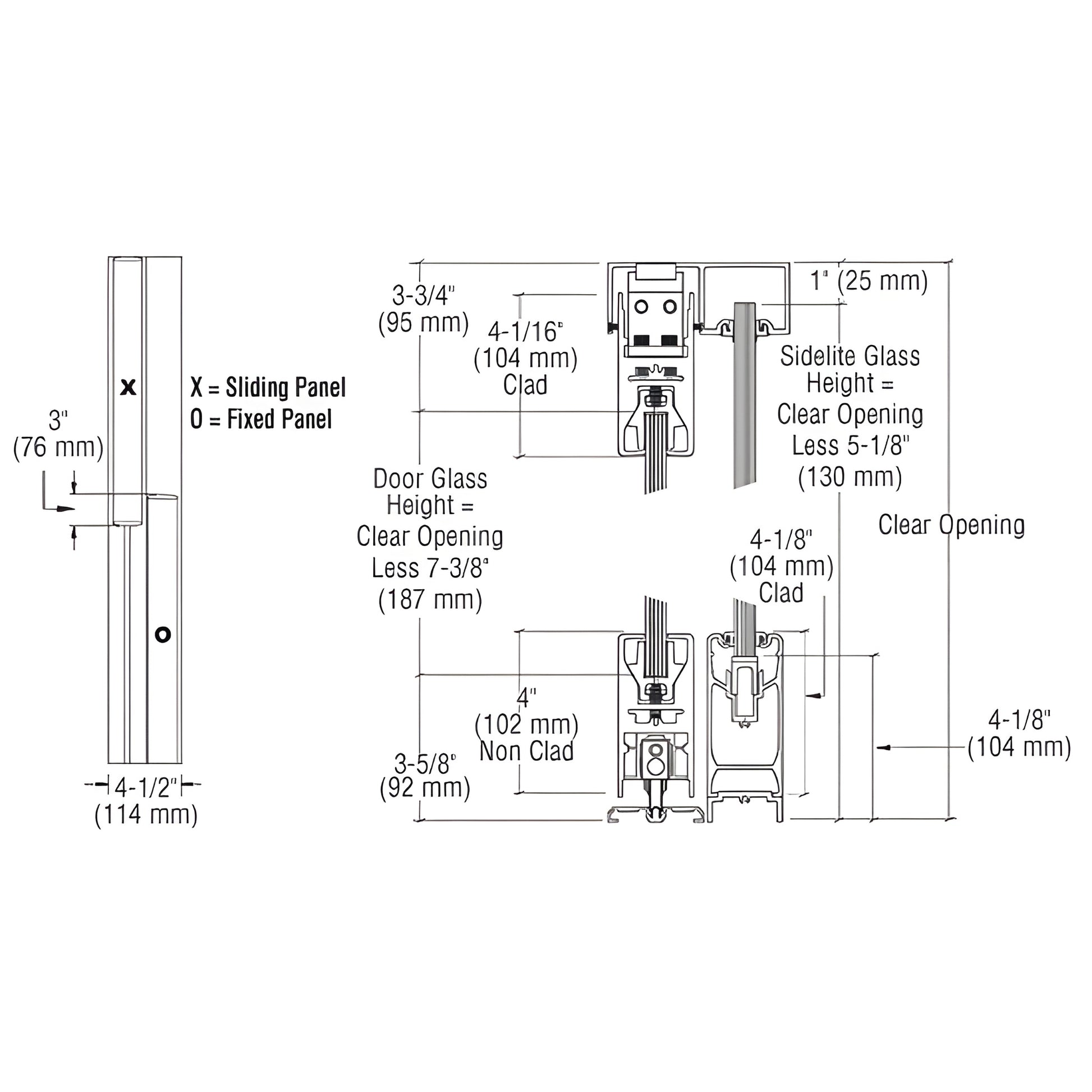 CRL SSR bottom-rolling sliding door system technical drawing with 4 in square rails, dimensions and sliding/fixed panel label