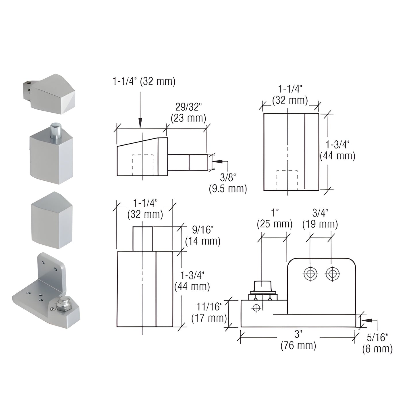 Left-hand aluminum offset pivot set (OP25) for storefront doors, diecast, 1-1/4 in size, supports 125 lb; SKU 0P25LHA