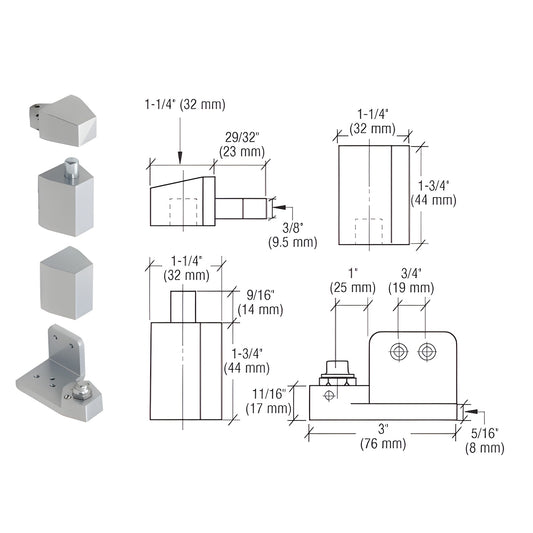 Left-hand aluminum offset pivot set (OP25) for storefront doors, diecast, 1-1/4 in size, supports 125 lb; SKU 0P25LHA