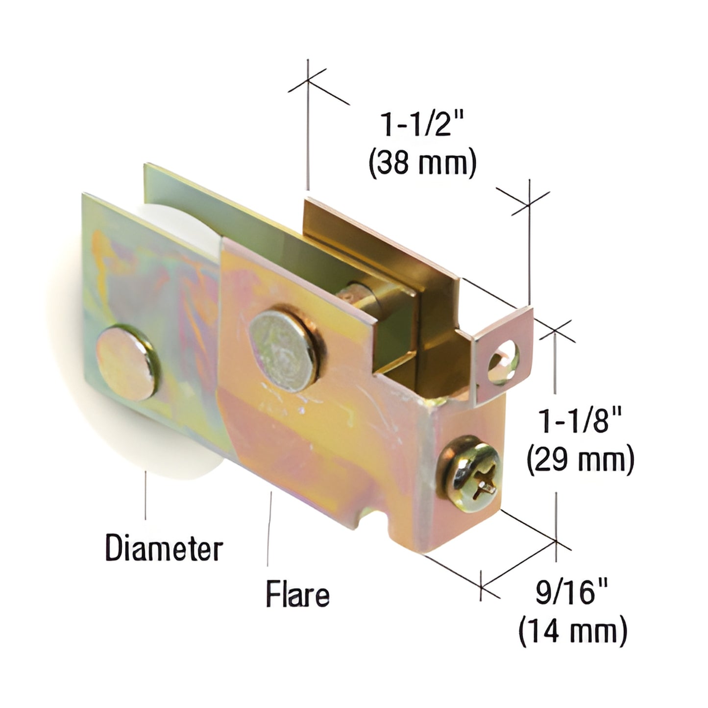 CRL N6625 adjustable steel mirror-door roller, 1-1/4" nylon wheel, 9/16" wide housing, zinc-plated finish