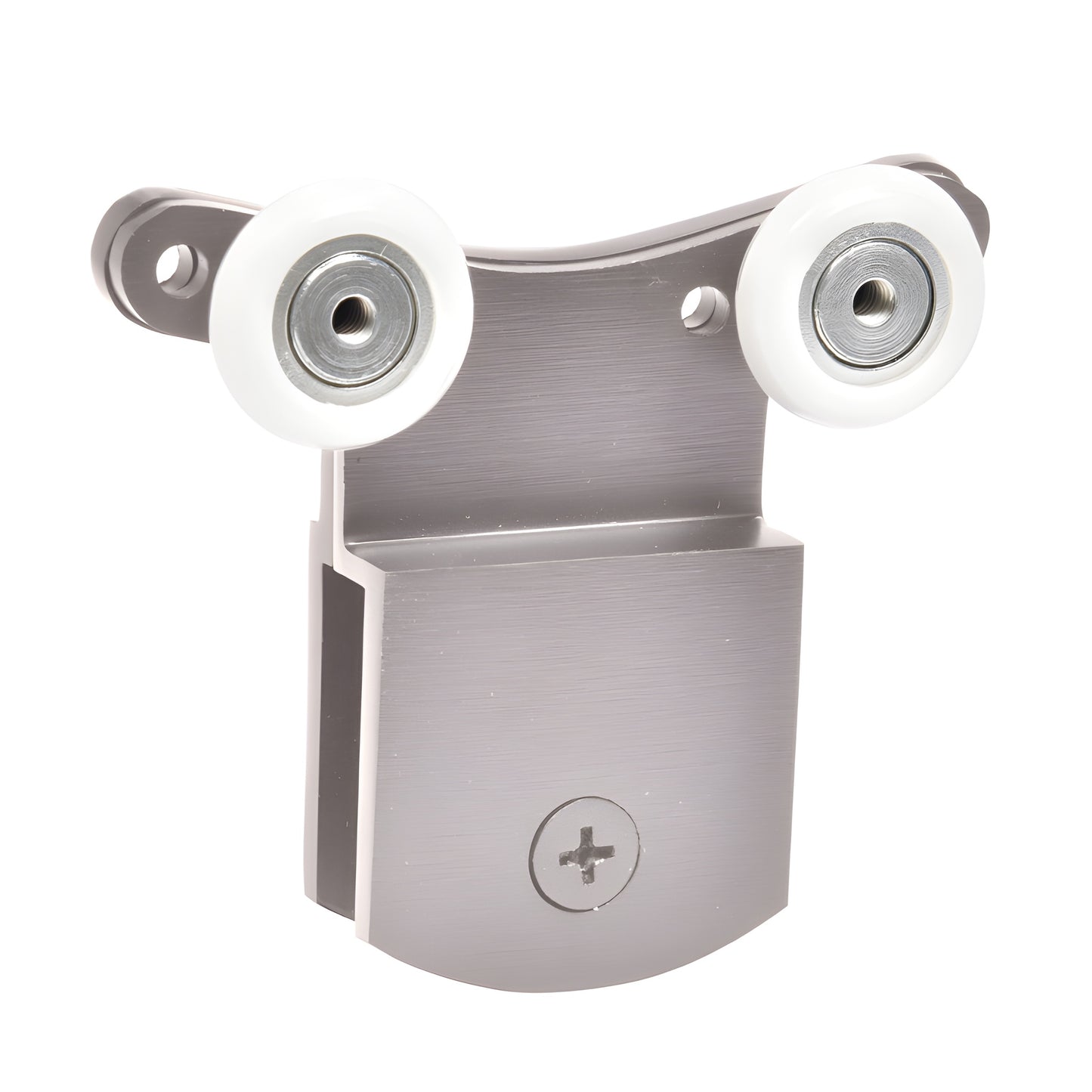 Brushed nickel top hanger roller bracket with two white nylon wheels for 3/8" (10mm) frameless shower door, DK66BN