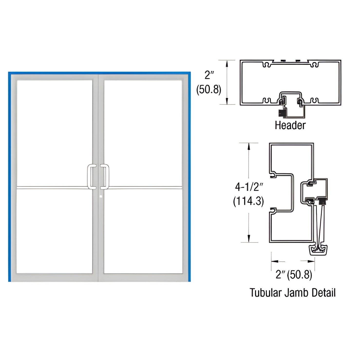 Custom Kynar double aluminum storefront door frame with aluminum threshold, gear-hinge tubular jambs (FR72871)