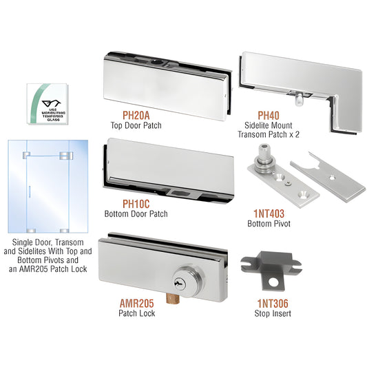 PHA5LBS stainless steel all-glass pivot kit with top/bottom patches, sidelite transom patches, pivot, stop, optional lock