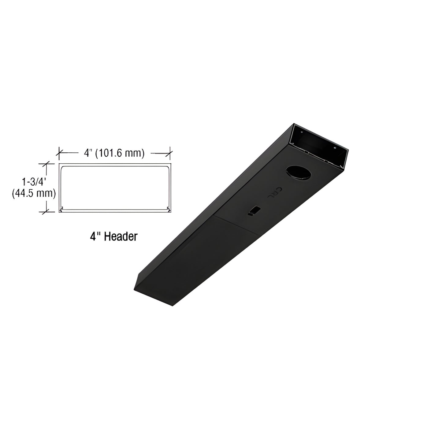 Matte black single 4 in door header, 41-1/4 in long, 1-3/4 in high, snap-in cover (SKU CDCH4MBLS)