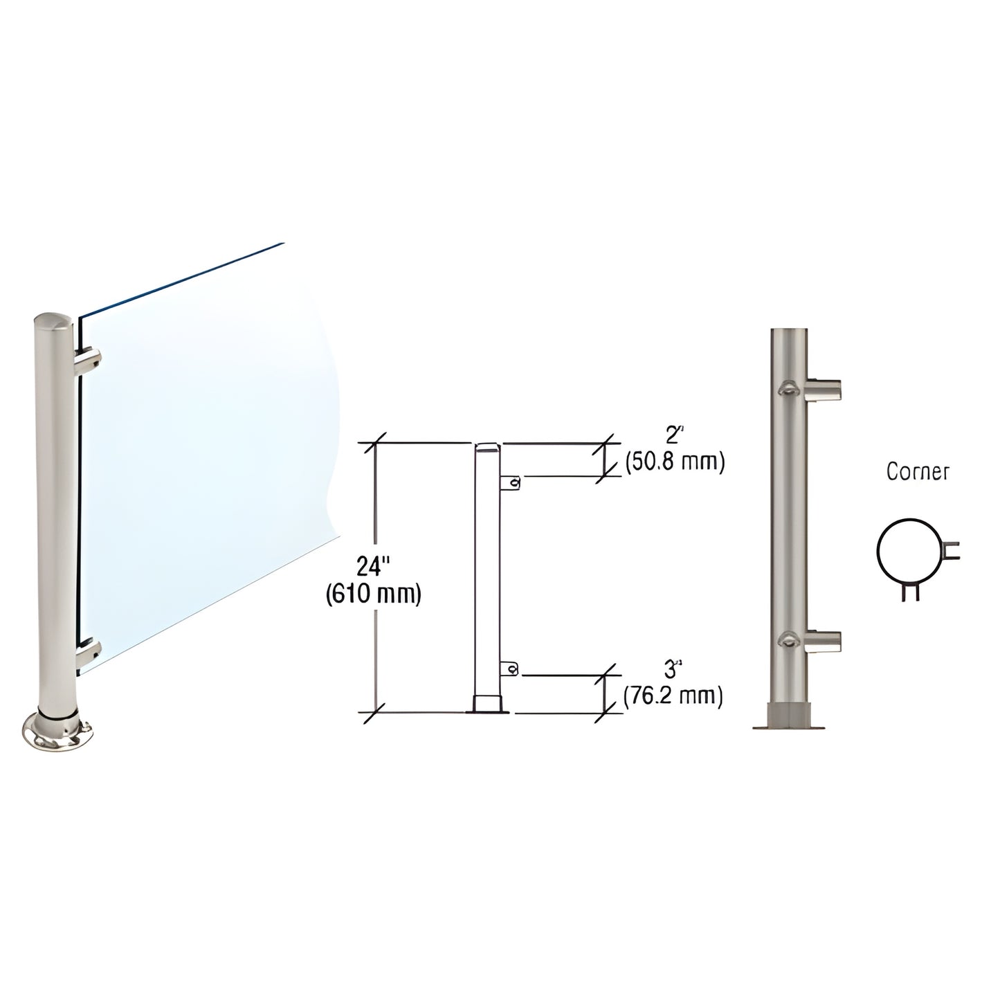 PP58LBS 24" brushed stainless steel 90 corner slimline partition post for 1/4"-3/8" glass