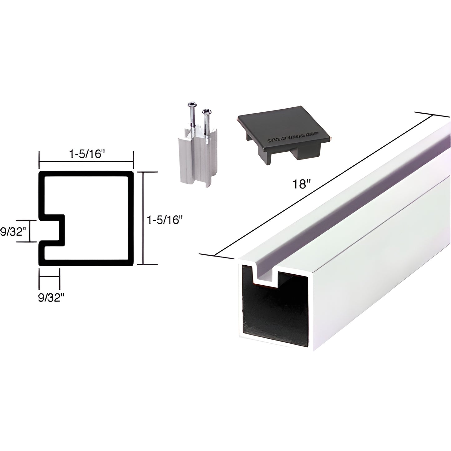 Aluminum 1-5/16" square partition post 18" with recessed glass pocket, black top cap and mounting base (SKU 6408518)