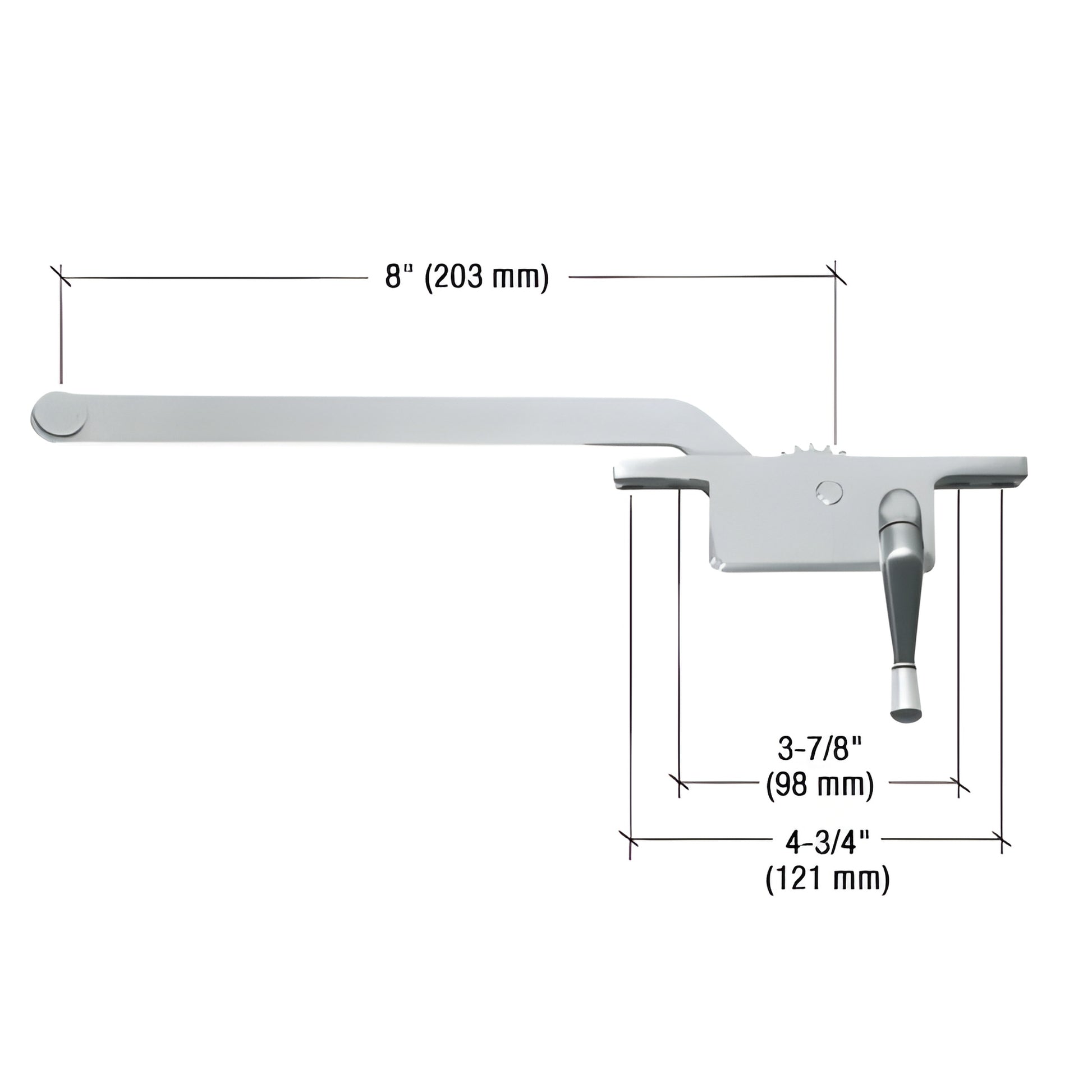 CRL casement window operator (SKU 5258RHAL), right-hand aluminum, 8" arm, 3/8" spline, 3-7/8" & 4-3/4" hole spacing