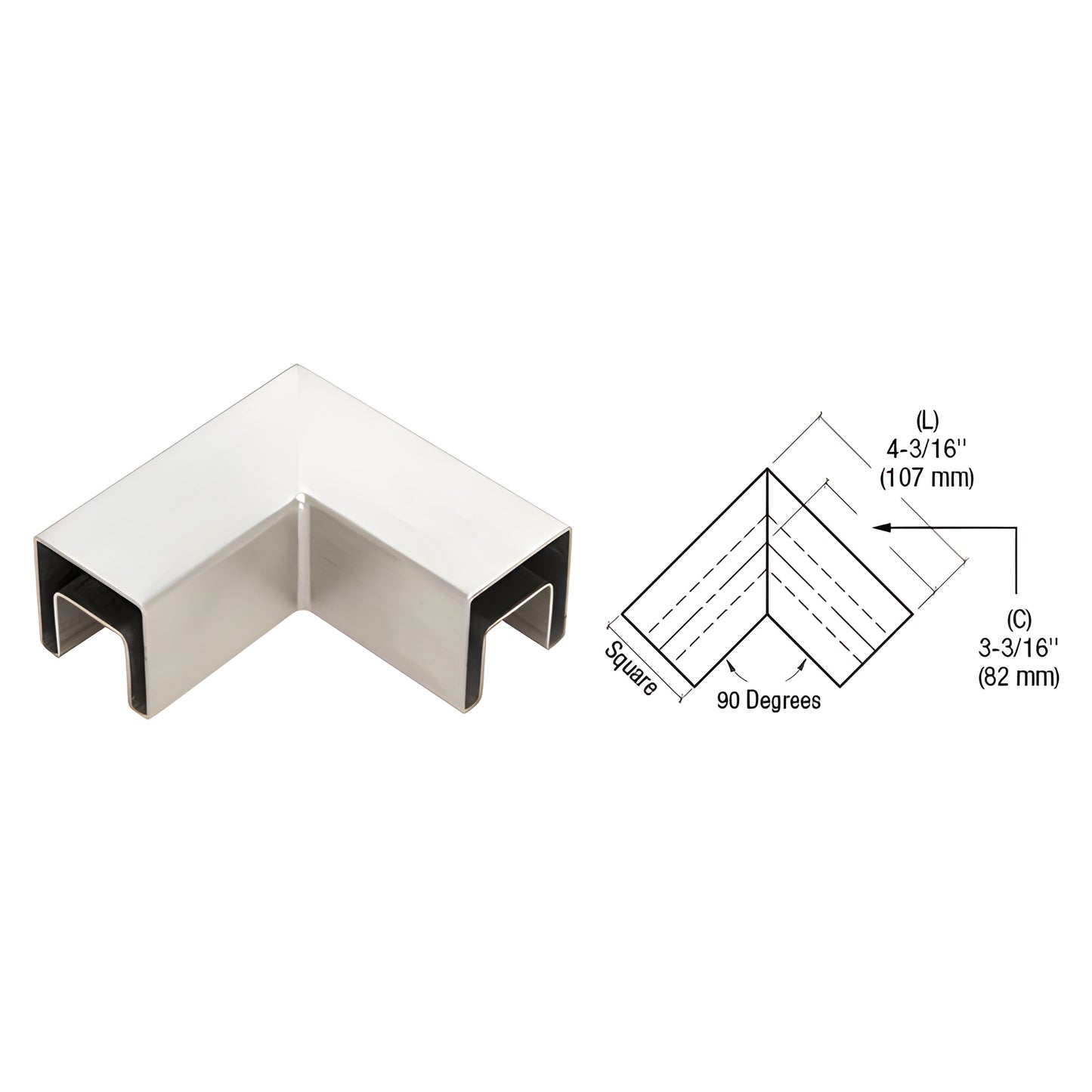SRF20HBS 90 brushed stainless steel (316) slip-fit square cap rail horizontal corner for 12-21.5 mm glass.