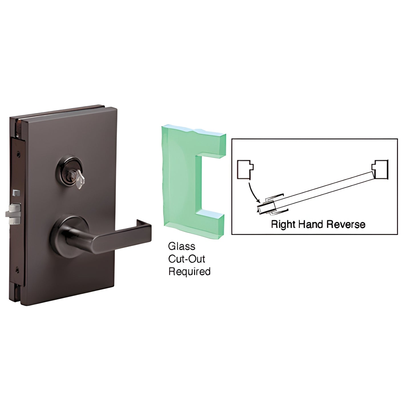 DL611RSDU black bronze center lock with lever and key for 1/2" tempered glass, right-hand, 6x10"