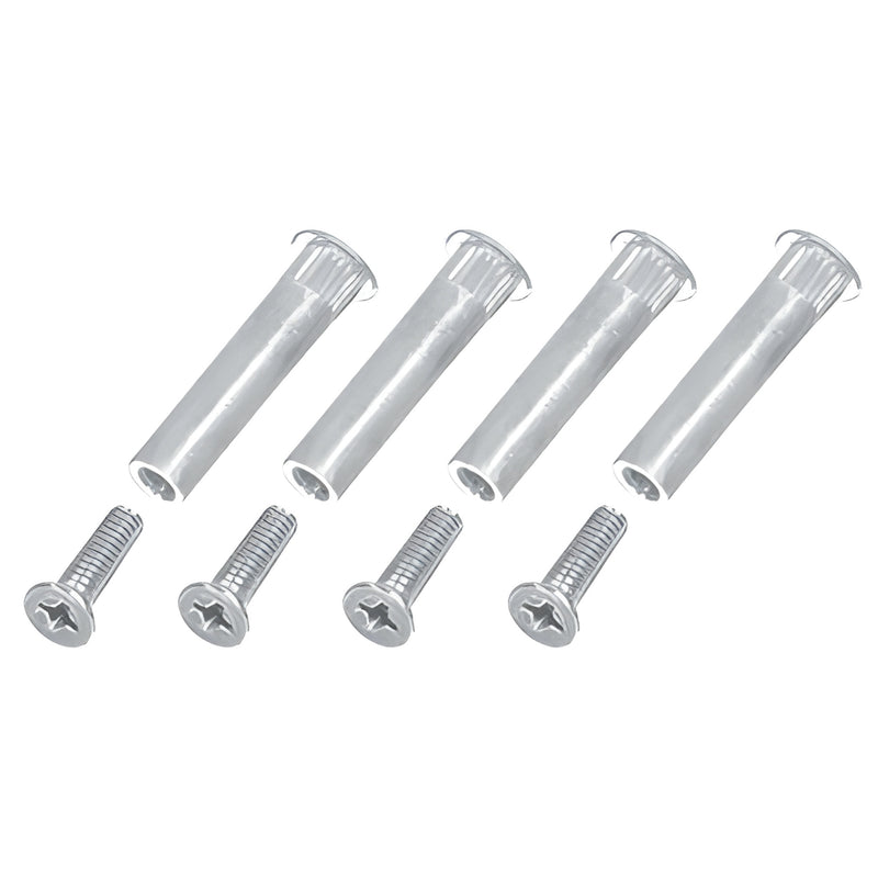 A set of four aluminum sex bolts and matching screws used for surface door closer installation.